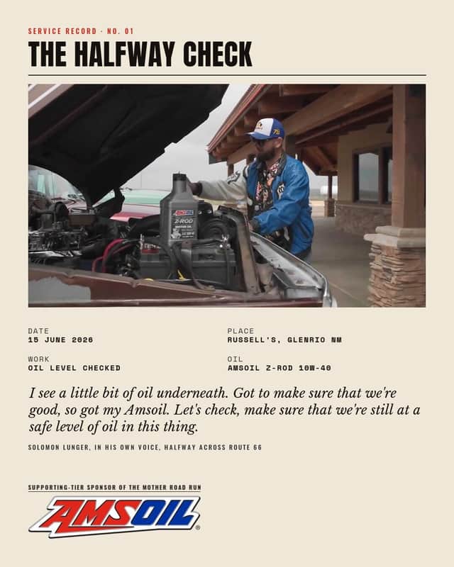 Designed sheet, Service Record No. 01, The Halfway Check: Solomon at Brownie's open hood under a travel-centre canopy with a quart bottle standing on the engine, over a logged date, place and quotation.