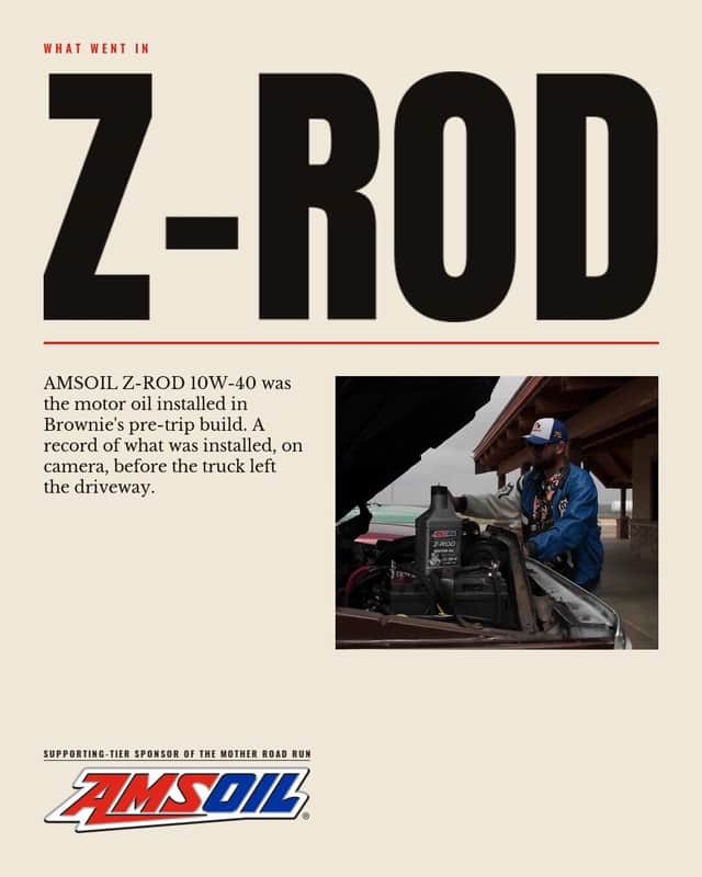 Designed sheet titled Z-ROD in full-page type, with a small photograph of the bottle standing on Brownie's engine beside a short paragraph on what went in at the pre-trip build.