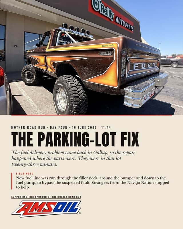 Designed sheet, The Parking-Lot Fix: Brownie photographed from behind in a parts-store lot in Gallup, with a field note about a fuel line run to bypass a fault.