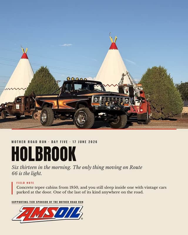 Designed sheet, Holbrook: Brownie parked between concrete tepee cabins and a vintage tow truck in early morning light, day five.