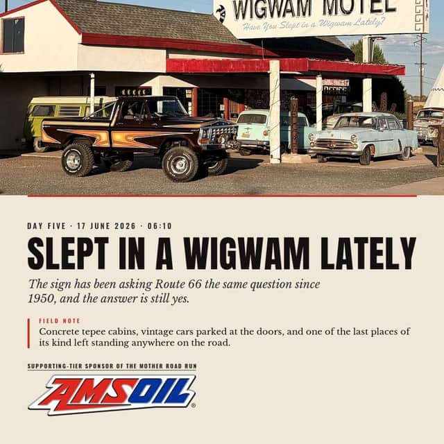 Designed sheet, Slept In A Wigwam Lately: Brownie beside the Wigwam Motel office with vintage cars parked under the canopy and the motel's own sign overhead.
