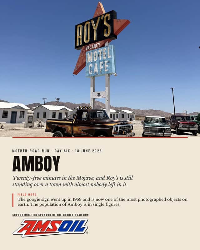 Designed sheet, Amboy: Brownie parked under the tall googie Roy's Motel Cafe sign in the Mojave, with white cabins and bare mountains behind.