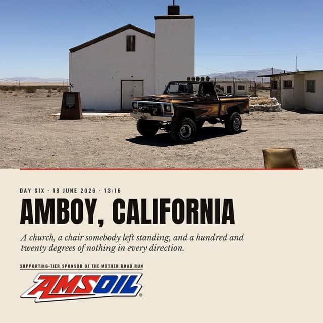 Designed sheet, Amboy California: Brownie alone on gravel beside a small white desert church, an armchair left standing in the dirt at the right of frame.