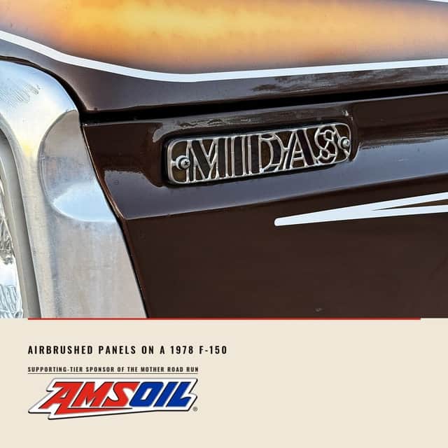 Designed sheet: a close photograph of the airbrushed brown and orange front fender of a 1978 F-150 with its chrome nameplate, captioned as airbrushed panels.