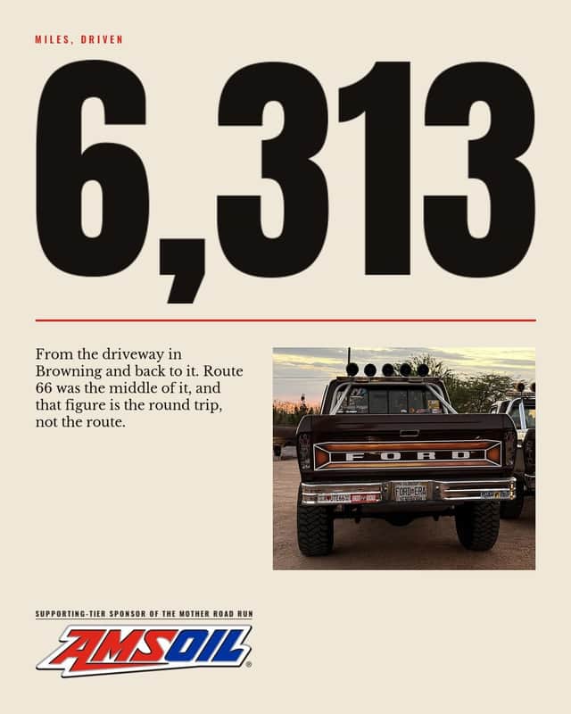 Designed sheet whose headline is the round-trip mileage set in full-page numerals, with a photograph of Brownie's tailgate and plates at dusk and a note that the figure is the round trip, not the route.