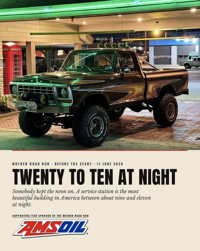 Designed sheet, Twenty To Ten At Night: Brownie under a restored service-station canopy lit by green neon, a red telephone box at the left of frame, before the start.