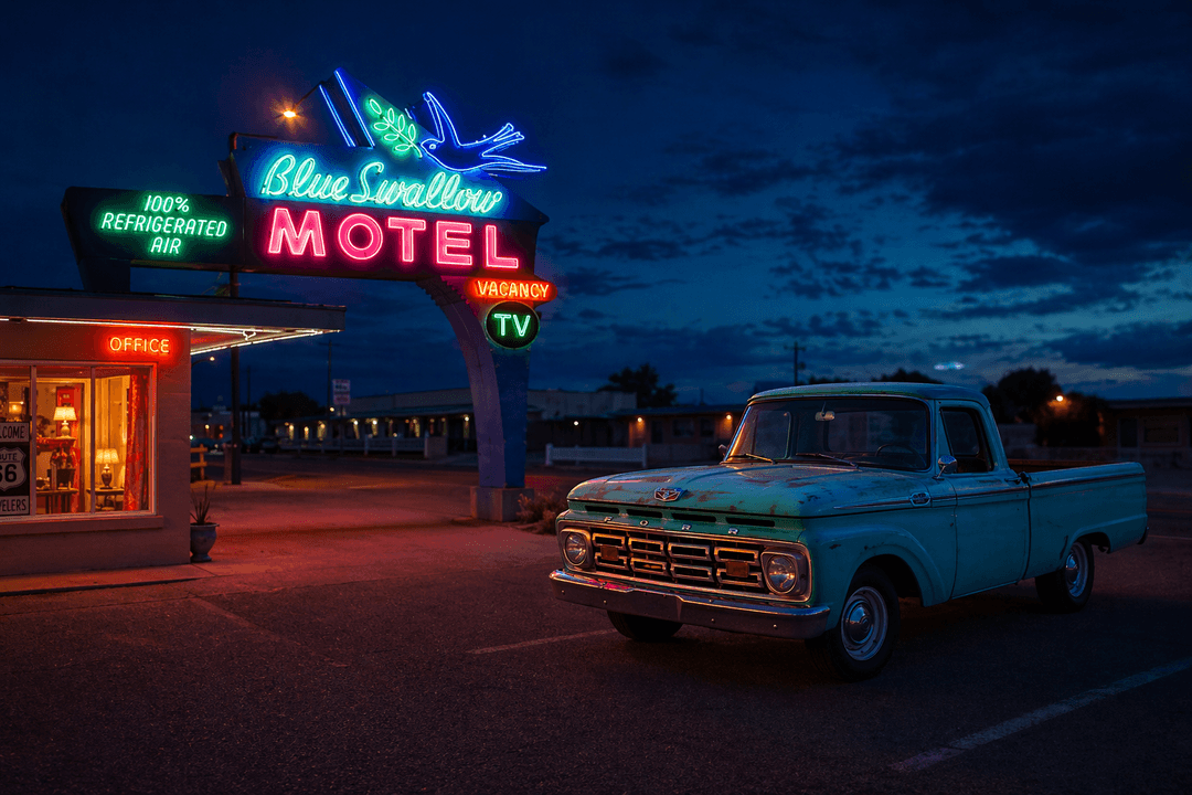 Blue Swallow Motel neon sign glowing at night