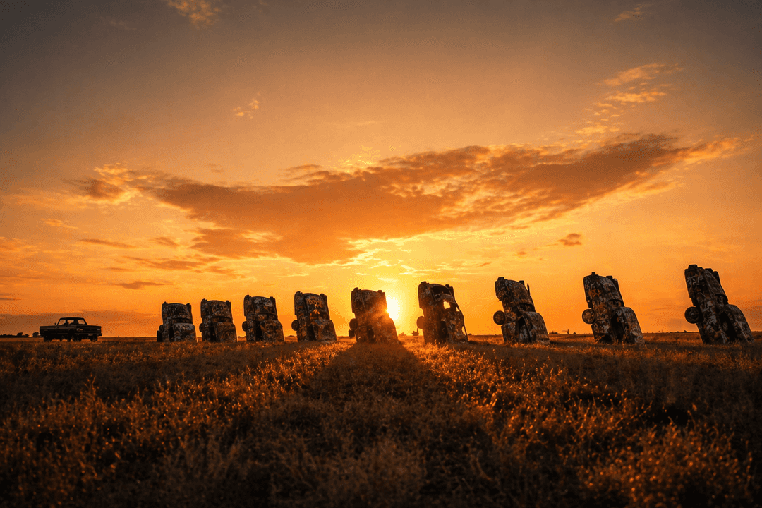 Cadillac Ranch in Amarillo Texas with spray-painted cars buried in the ground