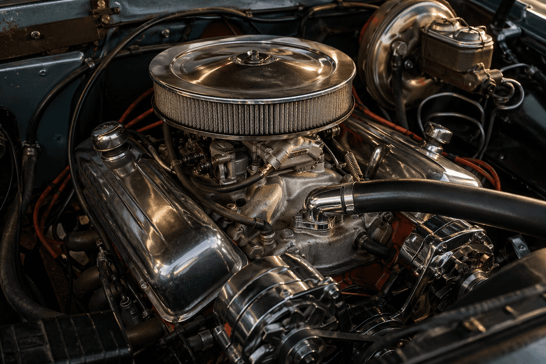 Detailed classic truck engine bay