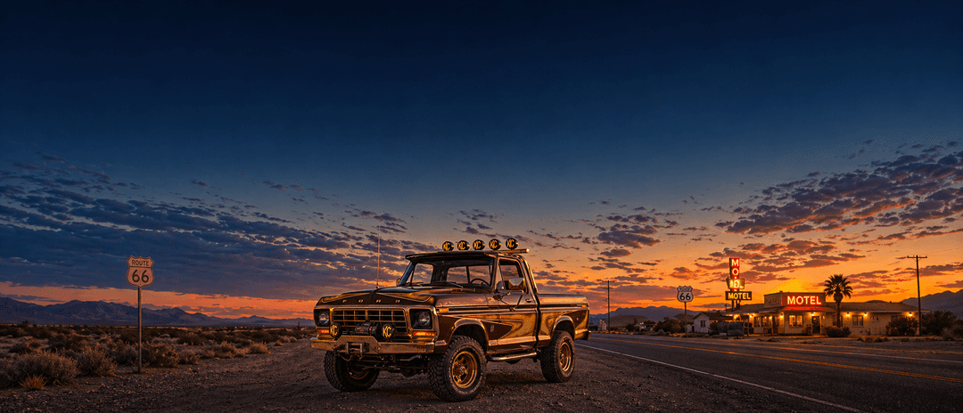 Vintage American pickup truck parked along Route 66 near a neon motel at dusk