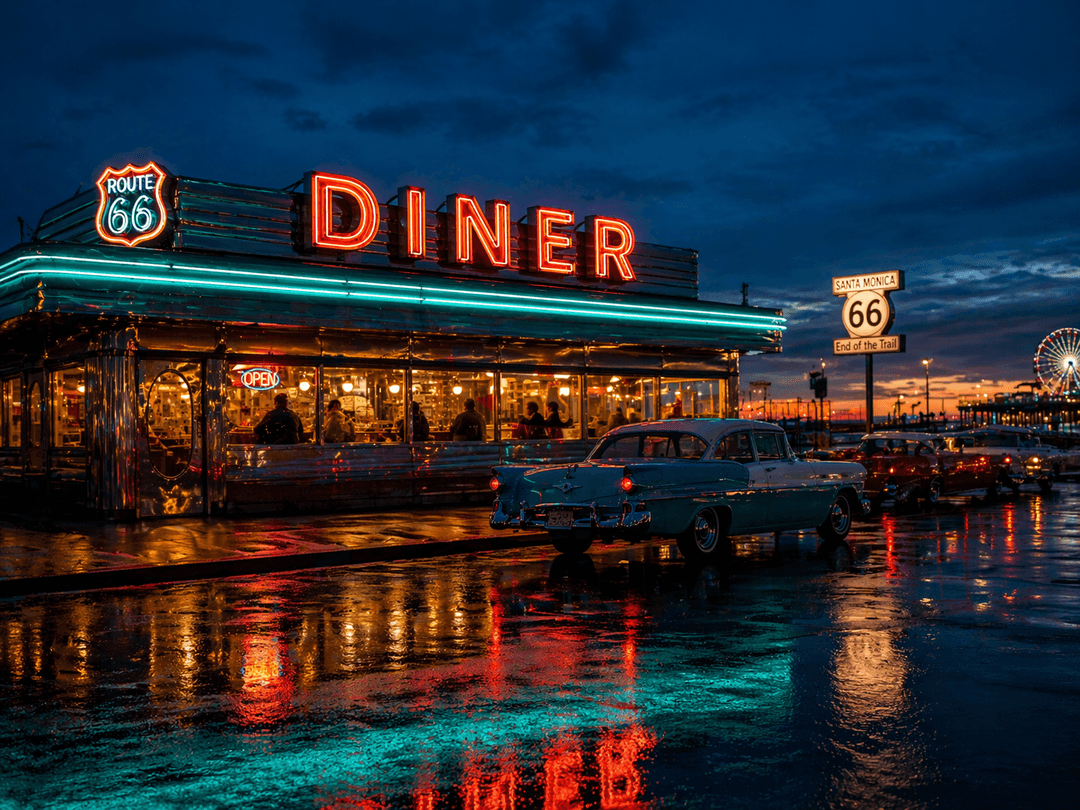Classic neon diner sign along Route 66 at dusk