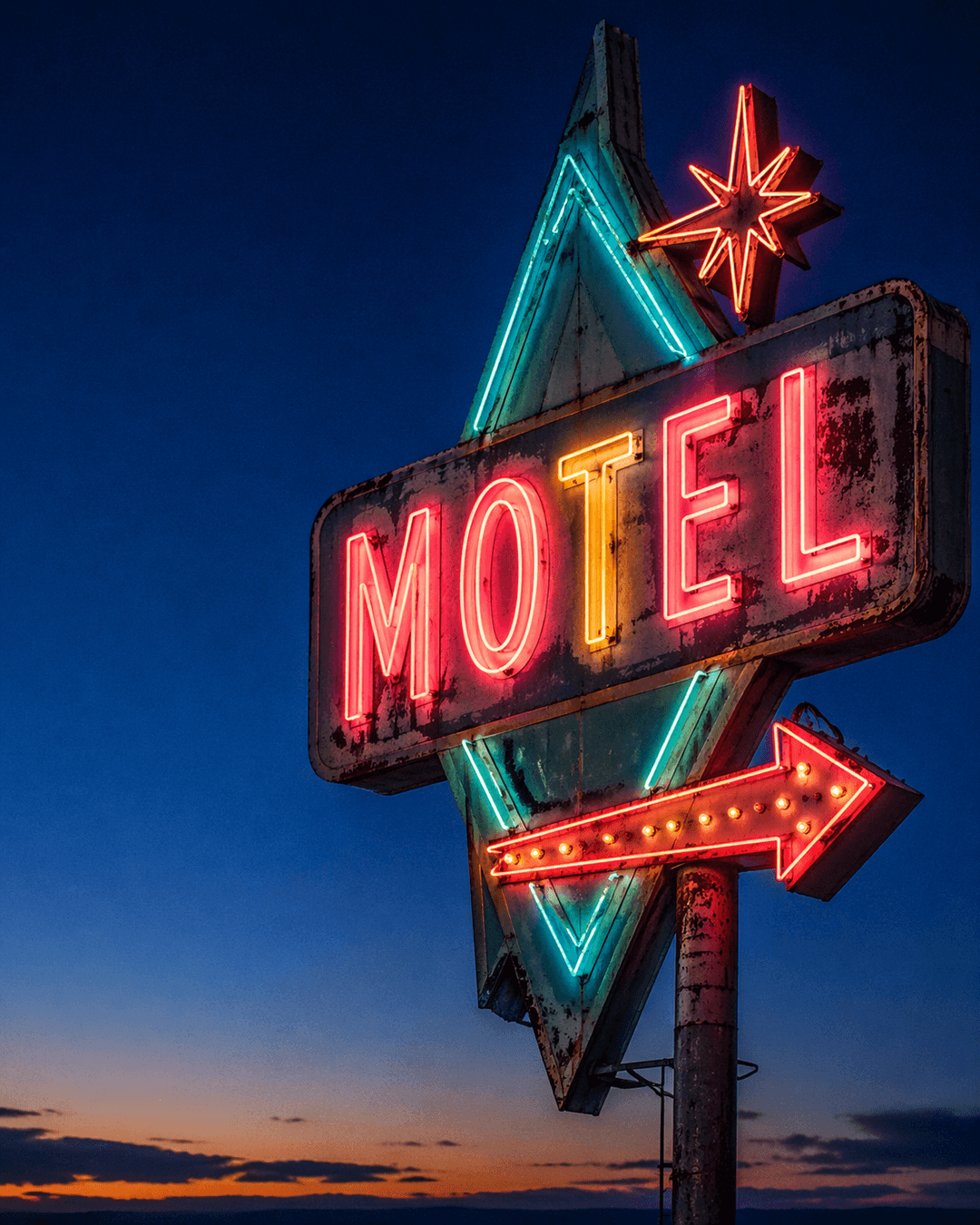 A glowing Route 66 motel sign at night