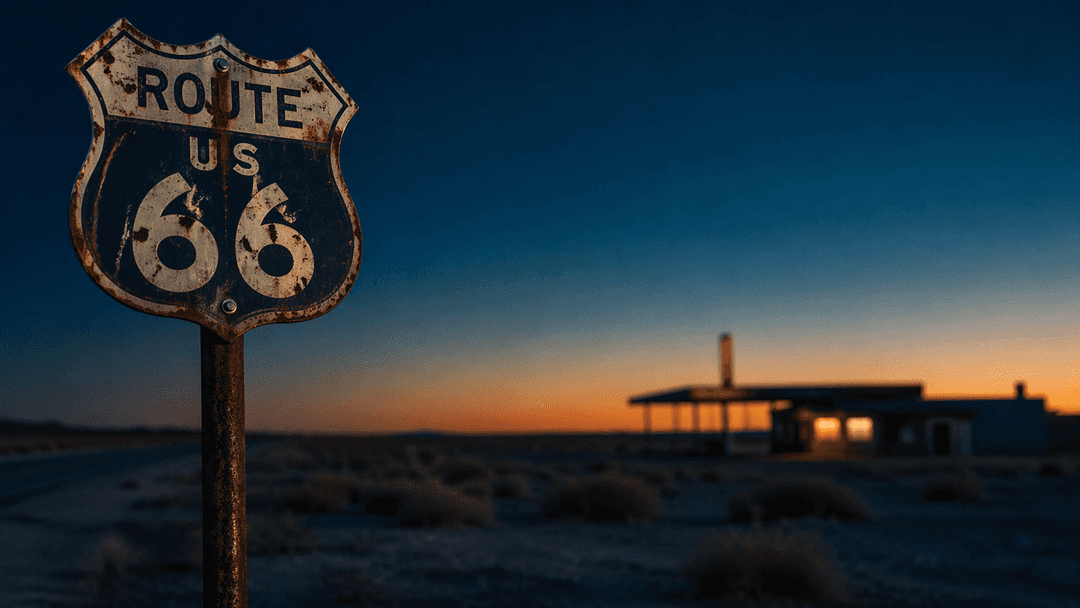 Weathered Route 66 shield sign at dusk