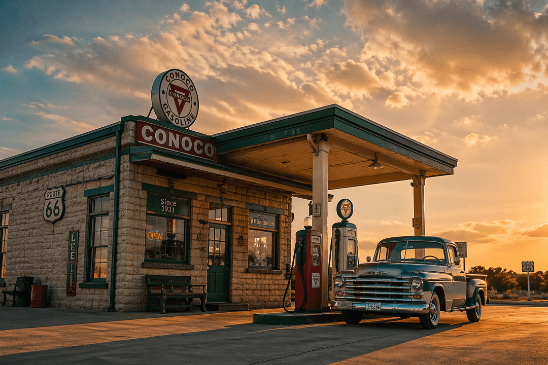 A restored Route 66 service station representing Kansas's Galena alignment