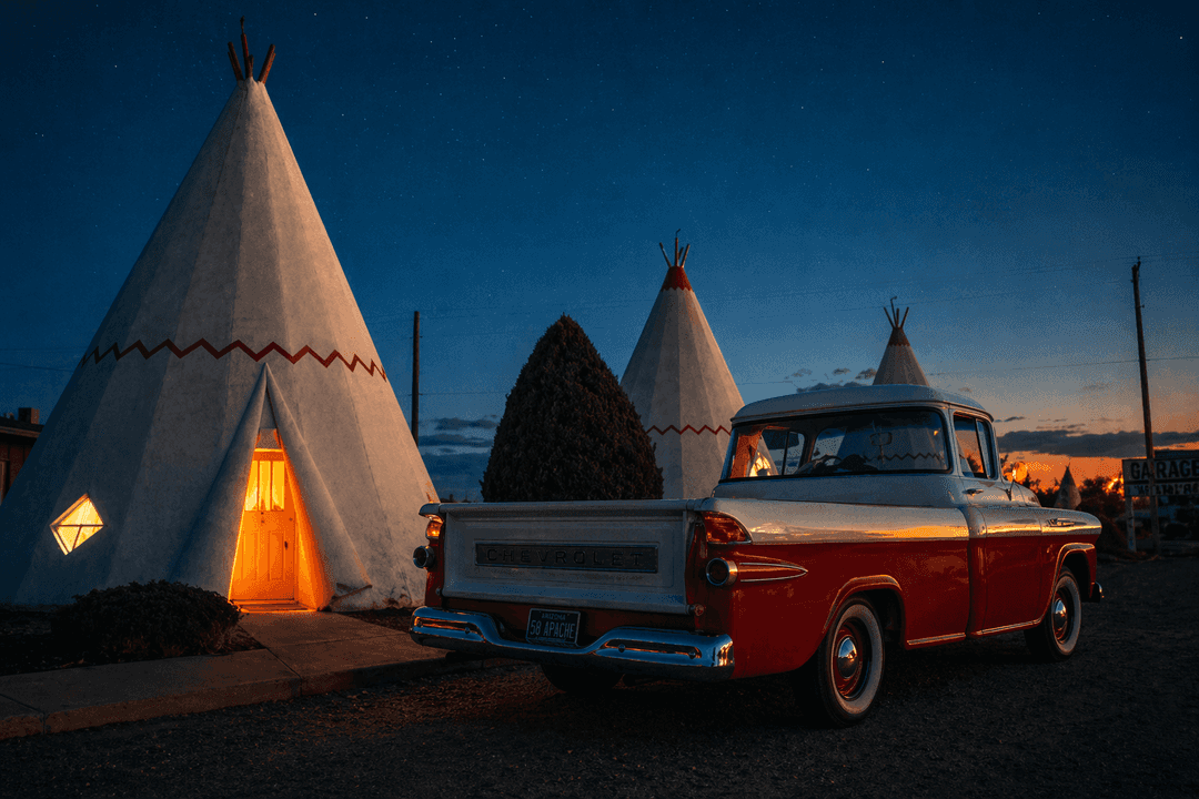 Vintage concrete tepee cabins at the Wigwam Motel in Arizona at twilight